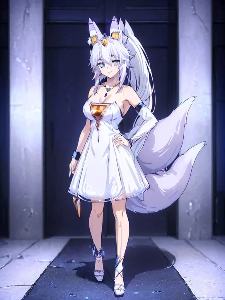 great quality ++ Extremely detailed high resolutionolution, very aesthetic, expressive eyes, (((Perfect face))), (((face symmetrical))), ((good anatomy)), (((perfect hands))), (((8k))), UHD, hd wallpaper, (((detailed high cal, (((((1girl)))))), only, Masterpiece, The best quality, high resolution, Highly detailed, (illustration), Beautiful detailed eyes, ((((full body))), (((solo))), (((((koyan-la1))))), (((smiling))), (((fusion))), (((agglutination))), (((Combination))), (((((White hair))))), (((blue eyes))), (((ponytail))), (((white dress))), (((jewelry))), (((necklace))), (((earrings))), only, jaeces, earrings, long hair, parody, (((scar))), (((scar ocular))), (((hair ornament))), (((office background))), (((hand on hip))), (((strolling))), Side ponytail, scar en la cara, Upper part of the body, (((fox tail))), (((fox ears))), (((tiara))), (((jewelry))), (((earrings))), (((neckline trimming))),