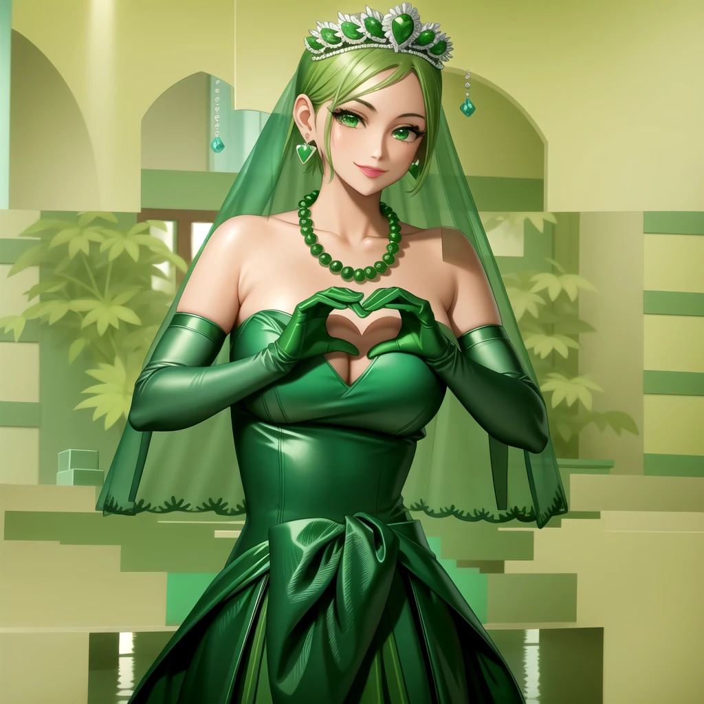 Emerald tiara, Green Pearl Necklace, ボーイッシュな非常に短いGreen Hair, Green Lips, Smiling Japanese woman, Very short hair, Busty beautiful lady, Green Eyes, Green satin long gloves, Green Eyes, Emerald Earrings, Green veil, Heart with both hands, Green Hair, Beautiful Japanese Woman, Heart shaped hands:1.3, green lip gloss