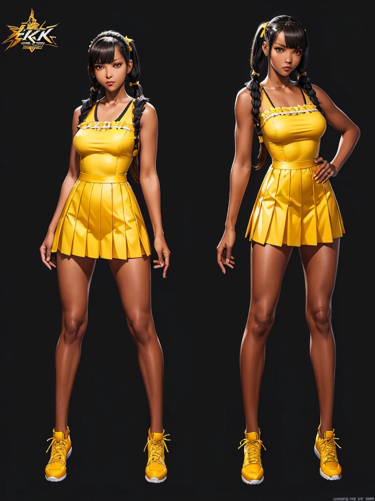 ((best quality)), ((4k)), ((highres)), ((masterpiece:1.2)). ((detailed)), ((ultra realistic)), ((intricate details)), ((full body picture)), ((character design sheet)), ((blank background)), ((standing in a blank background)), full body shot of a beautiful black female, ebony beauty, woman, 18 years old girl, dark brown skin, red lips, about 5'5 ft. tall, red lips, smirk on her face, ((smirking)), long curly black hair, ((long curly hair)), long hair, high pigtails, (((high pigtails)), dressed in a yellow sleeveless babydoll dress, ((EMPHASIS ON HER YELLOW SLEEVELESS BABYDOLL DRESS)), black leather belt on her waist, bare legs, yellow school girl HIGH SOCKS AND school girl BLACK SHOES, fighting game character design, tekken character design, the king of fighters character concept art, character concept art, full body, 18 years old female fighter, girly girl, cute girl, girly fighter character concept art