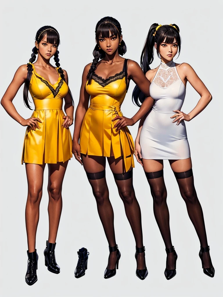 ((best quality)), ((4k)), ((highres)), ((masterpiece:1.2)). ((detailed)), ((ultra realistic)), ((intricate details)), ((full body picture)), ((character design sheet)), ((blank background)), ((standing in a blank background)), full body shot of a beautiful black female, ebony beauty, woman, 18 years old girl, dark brown skin, red lips, about 5'5 ft. tall, red lips, smirk on her face, ((smirking)), long curly black hair, ((long curly hair)), long hair, high pigtails, (((high pigtails)), dressed in a yellow sleeveless babydoll dress, ((EMPHASIS ON HER YELLOW SLEEVELESS BABYDOLL DRESS)), black leather belt on her waist, bare legs, yellow school girl HIGH SOCKS AND school girl BLACK SHOES, fighting game character design, tekken character design, the king of fighters character concept art, character concept art, full body, 18 years old female fighter, girly girl, cute girl, girly fighter character concept art