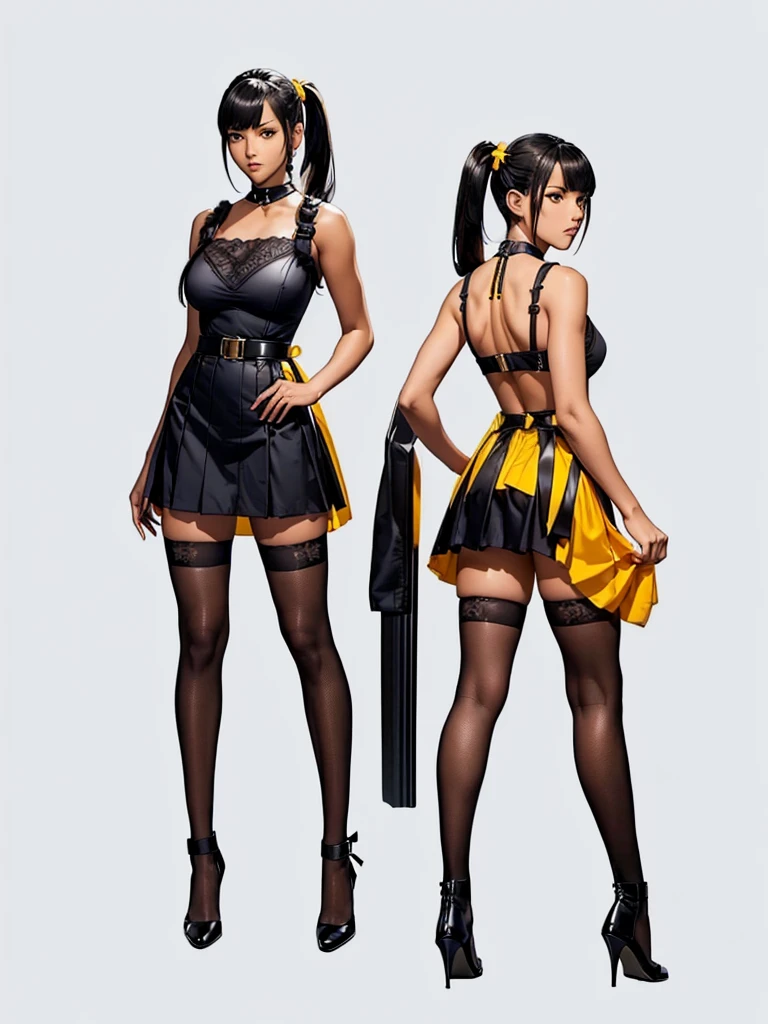 ((best quality)), ((4k)), ((highres)), ((masterpiece:1.2)). ((detailed)), ((ultra realistic)), ((intricate details)), ((full body picture)), ((character design sheet)), ((blank background)), ((standing in a blank background)), full body shot of a beautiful black female, ebony beauty, woman, 18 years old girl, dark brown skin, red lips, about 5'5 ft. tall, red lips, smirk on her face, ((smirking)), long curly black hair, ((long curly hair)), long hair, high pigtails, (((high pigtails)), dressed in a yellow sleeveless babydoll dress, ((EMPHASIS ON HER YELLOW SLEEVELESS BABYDOLL DRESS)), black leather belt on her waist, bare legs, yellow school girl HIGH SOCKS AND school girl BLACK SHOES, fighting game character design, tekken character design, the king of fighters character concept art, character concept art, full body, 18 years old female fighter, girly girl, cute girl, girly fighter character concept art