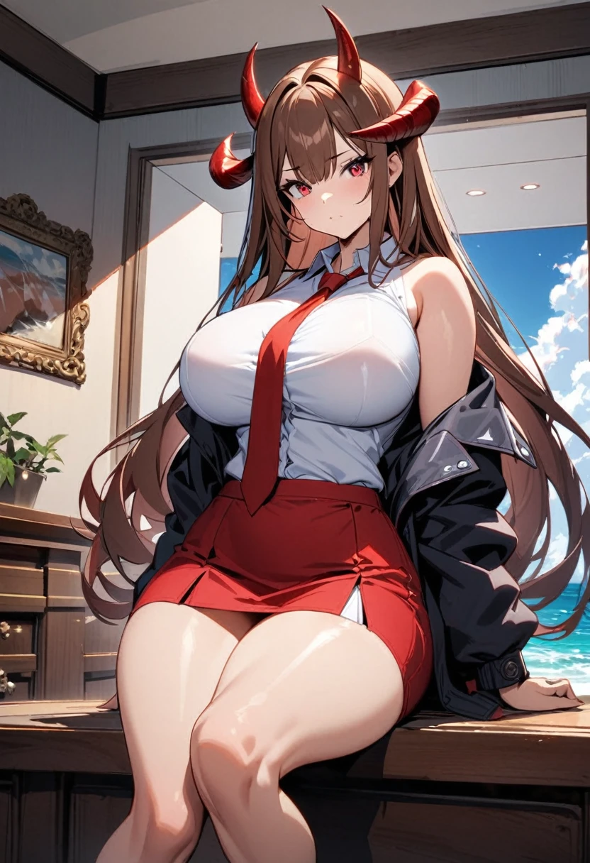 a woman in red and white is standing in the ocean. the person has horns and eyes, 1girl,big breasts, breasts, thick, thick thighs, solo, long hair, sitting, horns, skirt, red eyes, large breasts, off shoulder, shirt, looking at viewer, red skirt, white shirt, jacket, brown hair, picture frame, necktie, bangs, closed mouth, sleeveless, indoors, very long hair