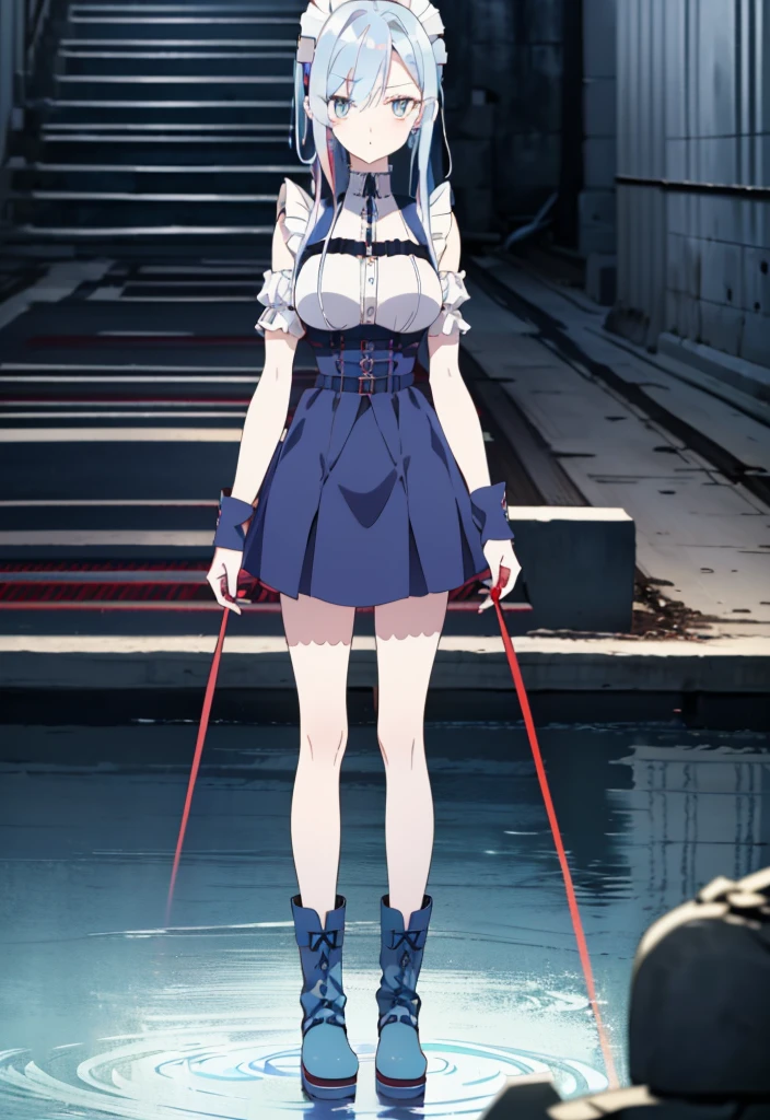 ((split-color hair , red hair , light blue hair)),[(underground waterway background:1.4)::5],original,(illustration:1.1),(best quality),(masterpiece:1.1),(extremely detailed CG unity 8k wallpaper:1.1), (colorful:0.9),(mid shot:0.95),(full body:1.5),Dynamic angle,(solo:1.2), (girl),((adult)), (detailed beautiful eyes:1.15), (beautiful face:1.15), (glowing red eyes:1.25////),((medium hair)),((split-color hair , red hair , light blue hair)),(high twintails),(chignon),(+perfect hand+:1.21),(Draw an illustration of a gothic girl),(Religious),(slender),(is wearing boots on her feet),((is wearing white maid clothes)),(furious), Lace Off-shoulder ta fashion,beautiful slender woman,high twintails,full body,mini skirt,((split-color hair , red hair , light blue hair)),((black long boots)),((mini skirt)),((adult)),((dynamic angle)),((split-color hair , red hair , light blue hair)),((split-color hair , red hair , light blue hair)),((black long boots)),((black long boots)),((split-color hair , red hair , light blue hair)),((split-color hair , red hair , light blue hair)),((underground waterway background)),