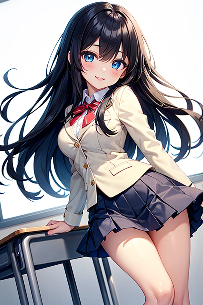 masterpiece, Highest quality, Black Haired Beautiful Girl(Blue Eyes、big eyes)、Straight Long Hair(swept bangs)high school girl、Blazer-type uniform(ribbon(Red stripes on a white background))、Grey quilted mini skirt、miduam weight.Medium sized 、Thighs、A refreshing smile、School classroom、clear、Beautiful standing posture