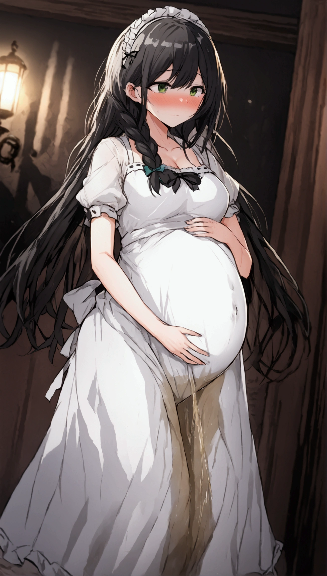 Anime. 1 girl. Housemaid. Pregnant. Black hair. Long hair. Hair is gathered in braids. Green eyes. Beautiful eyes. Perfect eyes. Expressive eyes. Beautiful nose. Ideal anatomical body. Beautiful graceful hands. Beautiful graceful legs. Medium breasts. Beautiful breasts. Nightgown. Contractions. The waters have broken. Childbirth. She's giving birth. I peed myself. I crap myself. Standing. Bedroom in a mansion. Full height. Embarrassment. Blush. Whole body. Extremely detailed CG Unity 8k wallpaper. Ideal lighting. Ultra high resolution 4K. Super detailed 8K resolution.