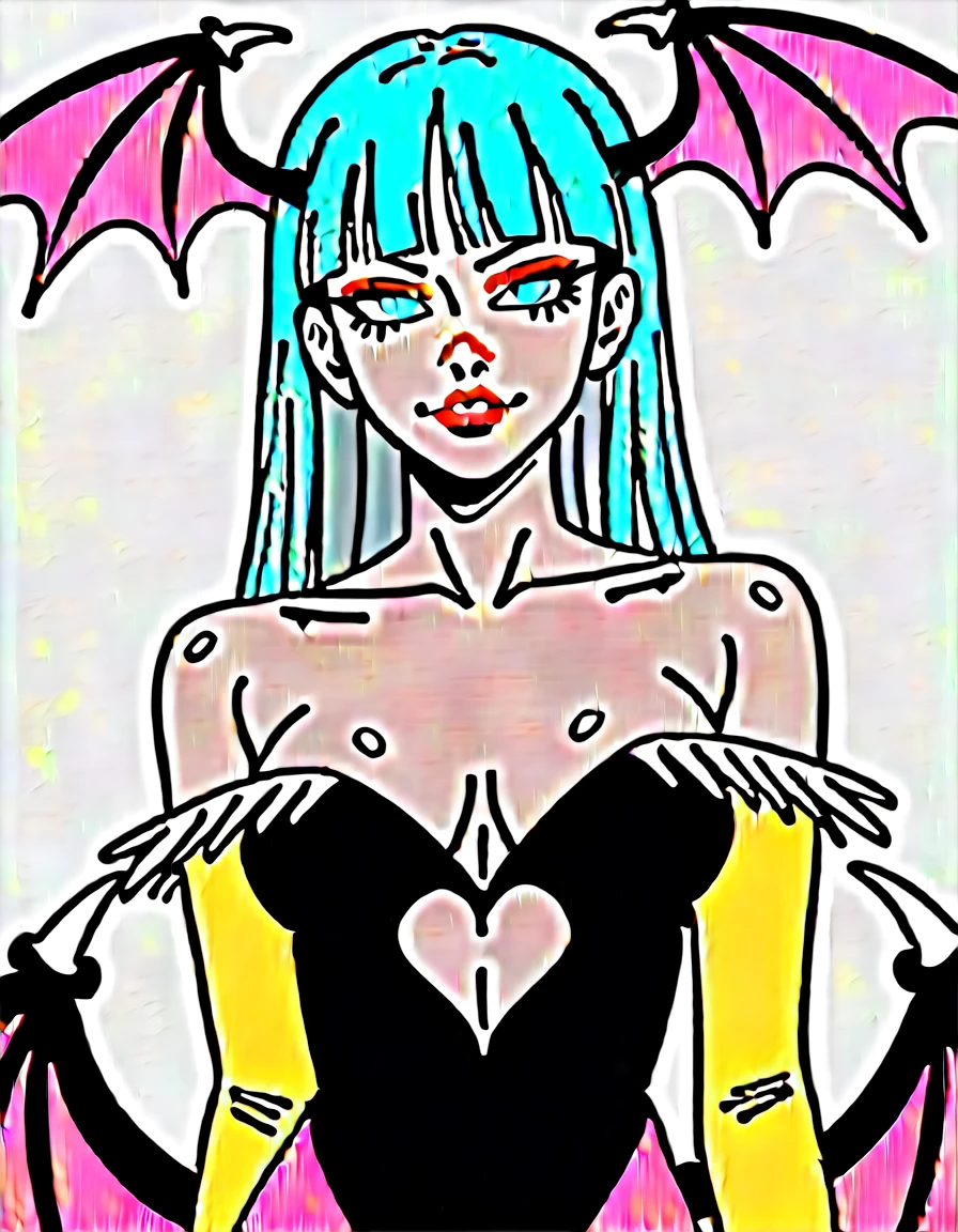 A ventriloquist's dummy with a long nose, pale face, big smile, slightly spiky black hair, black and pink armor, triangle-shaped core in the center of the chest, large cardboard wings, suspended in the air, with wires holding it up, large stature ,Cannon on the left arm, White high heels,Very eccentric and petty personality, greedy,roller coaster atmosphere