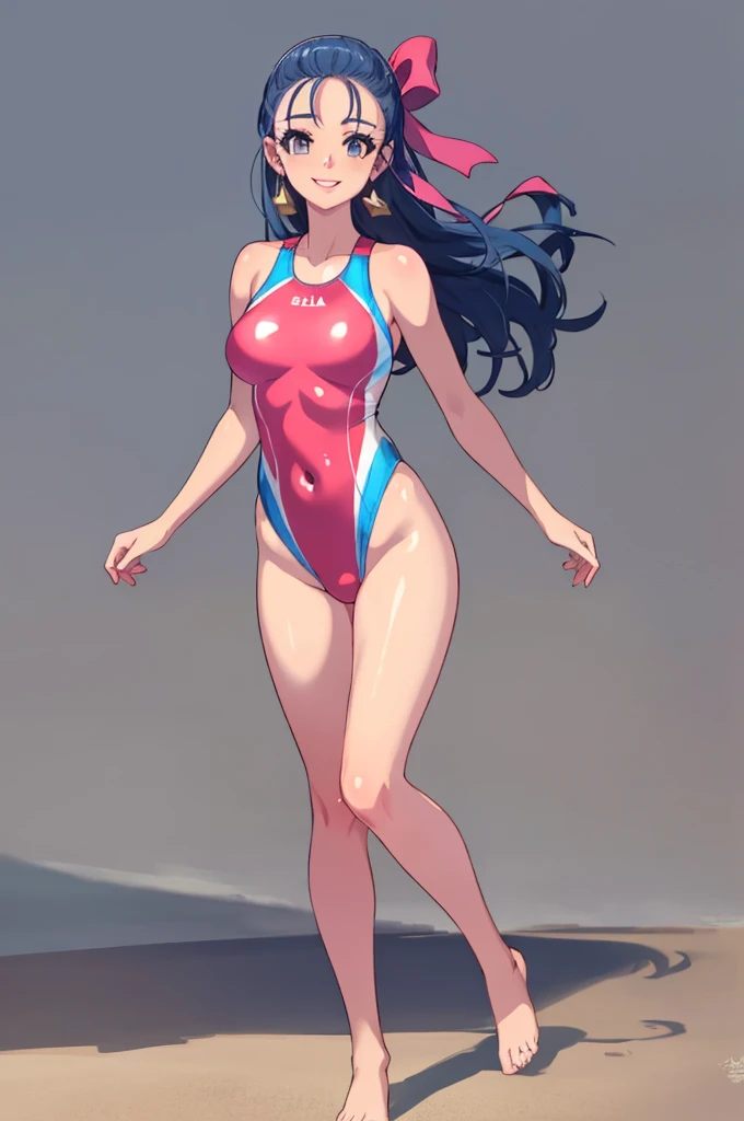 Nella, hair ribbon, earrings, breasts, full body, competitive swimsuit
(best quality, masterpiece, RAW photo, super detailed:1.2), 1 female, solo, looking at viewer, smiling