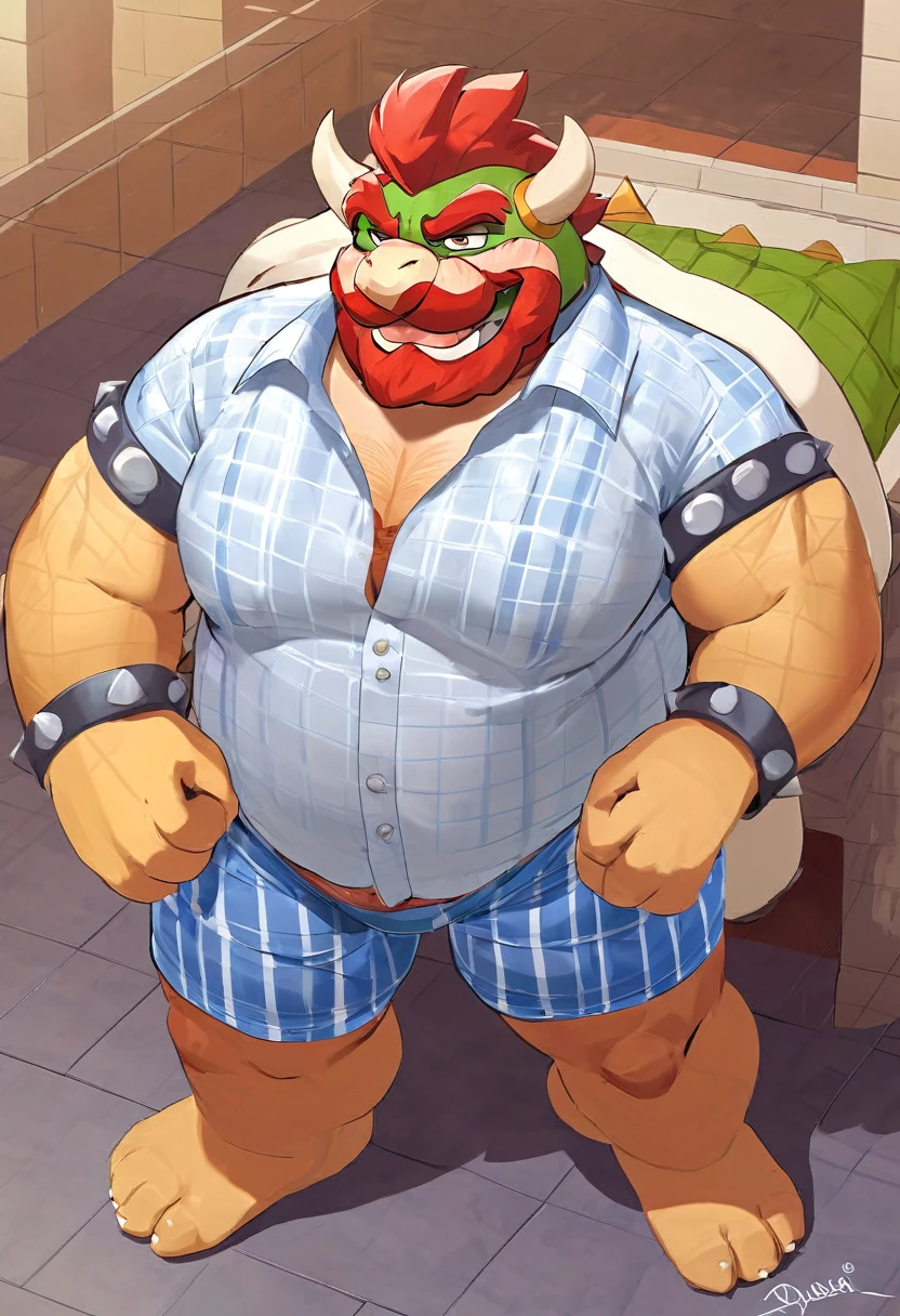 Bowser, gray beard, gray mustache, DILF, seductive, looking at the viewer, SMILE, white and blue plaid loose boxers, White shirt, open shirt, (posing) masculine, alone, the second, gordo, large size, Thick, cellular shading, standing, stopped, whole body, Aerial view, From above, with both hands towards holding the peruvian flag (Red and white colors)