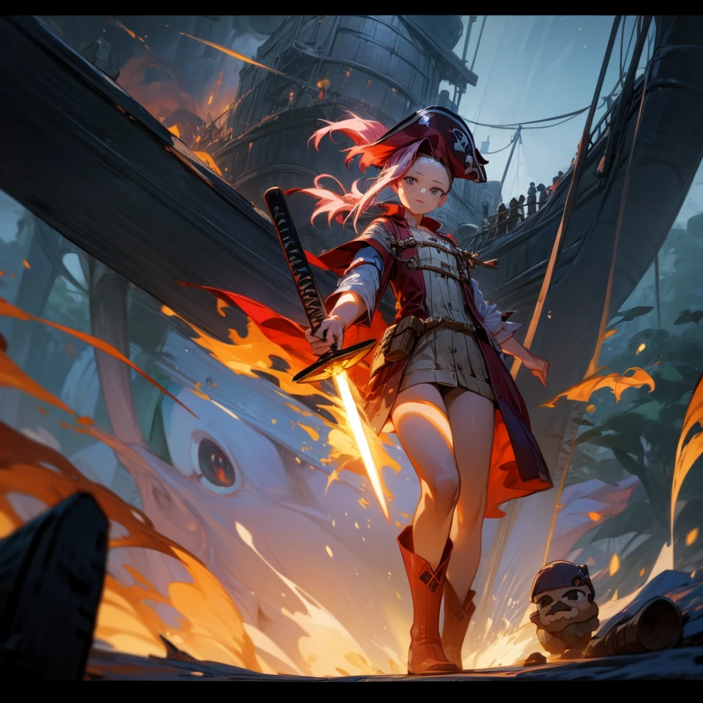 1girl, Full body version, 1character, girl version, black eyes, long Curly haircut, pink colour hair, ancient pirate style clothing, red colour clothing, long boots, Grassroots, background in sea, motion blur, (Hunter x Hunter style), sword Gladius in hang, pirate hat, pirate robe, smoke effect, aura effect, blue lighting, lightning sword, low angle view, fire, with ship pirates, normal gesture 