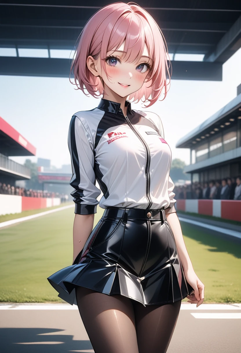 ((race queen)), ((skirt)), luster Outfit, (Black pantyhose), (high heel boots),  skinny, solo, 1 woman, Masterpiece, highest quality, highest quality, 16K, incredibly absurd, highly detailed, 2.5D, ai-generated, delicate and dynamic, very delicate facial expressions, delicate eye depiction, erotic, only sexy woman, ((A cute and kind face)), healthy figure, ((25-year-old woman)), 160cm tall, medium firm swaying bust, (short hair), (pink hair:1.5), bob cut, black eye, blush, Sweat,Embarrassed,sexy, ((thin thighs)), (camel toe:0.8), (Erect nipples:0.9), (visible nipples:0.5), ((shiny and lustrous)), facing straight at viewer, smile, (standing), cowboy shot, ((arm at side)), Large park, daytime, bright, on the grass,