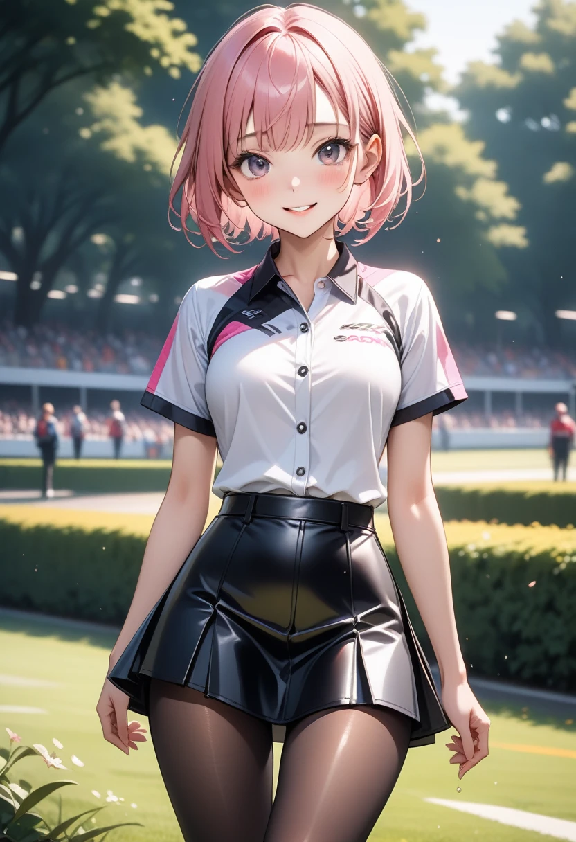 ((Idol singer costumes)), ((miniskirts)), ((Gloss Outfit)), skinny, solo, 1 woman, Masterpiece, highest quality, highest quality, 16K, incredibly absurd, highly detailed, 2.5D, ai-generated, delicate and dynamic, very delicate facial expressions, delicate eye depiction, erotic, only sexy woman, ((A cute and kind face)), healthy figure, ((25-year-old woman)), 160cm tall, medium firm swaying bust, (short hair), (pink hair:1.5), bob cut, black eye, blush, Sweat,Embarrassed,sexy, ((thin thighs)), ((shiny and lustrous)), facing straight at viewer, smile, (standing), cowboy shot, ((arm at side)), Large park, daytime, bright, on the grass, ((Pop colour outfit)), (latex:0.5),