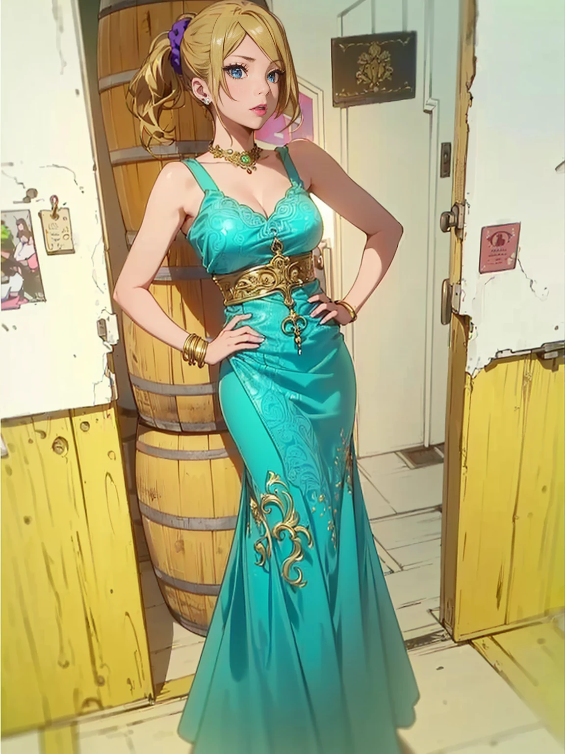 ((1girl, solo, alone, ai hayasaka, bangs, blue eyes, blonde hair, hair ornament, sidelocks, side ponytail, scrunchie, hair scrunchie, blue scrunchie)), ((solo, (1woman, pink lipstick), Extremely detailed, ambient soft lighting, 4k, perfect eyes, a perfect face, perfect lighting, a 1girl)), ((green dress, long dress, lacedress, (ornate dress, green dress), gold bracelet, winery, wine barrels backgroudn, standing , sexy pose)), bracelets, amethyst necklace, hoop earrings))