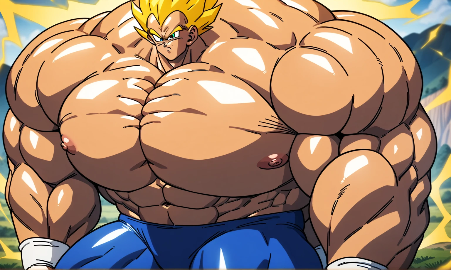 1boy, Vegeta, from Dragon Ball Z, masterpiece, best quality, very aesthetic, absurdres, saiyan, green eyes, spiked hair, (yellow hair:1.5), shirtless, blue skintight pants, white gloves, (huge muscles:2.5), Dragon Ball Z artstyle, in the style of Akira Toriyama, white tiled floor, outdoors, flat-top mountains, nipples, yellow aura, electricity