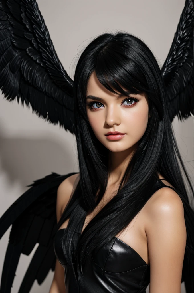 A black winged angel with black hair , black pupils and red eyes 