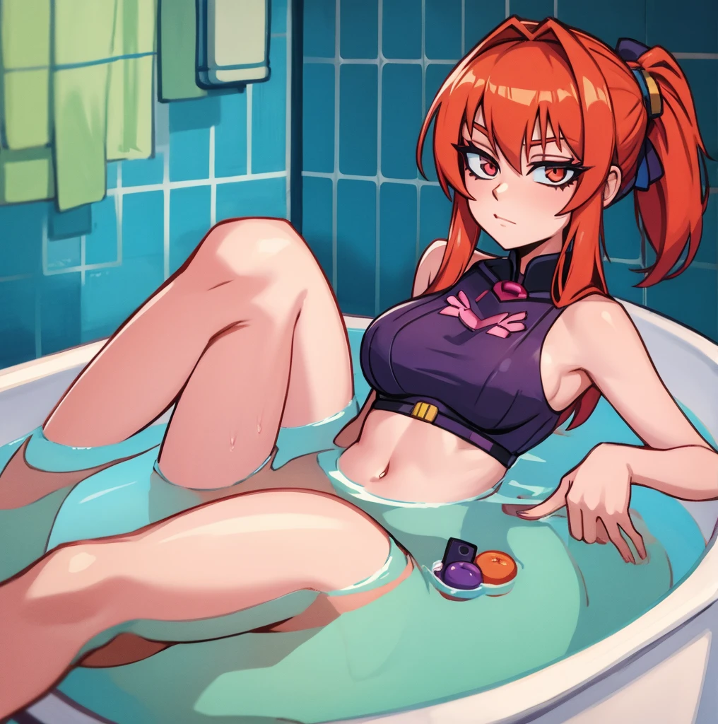 anime anime, young girl laying in the bathtub with her hand on her chest