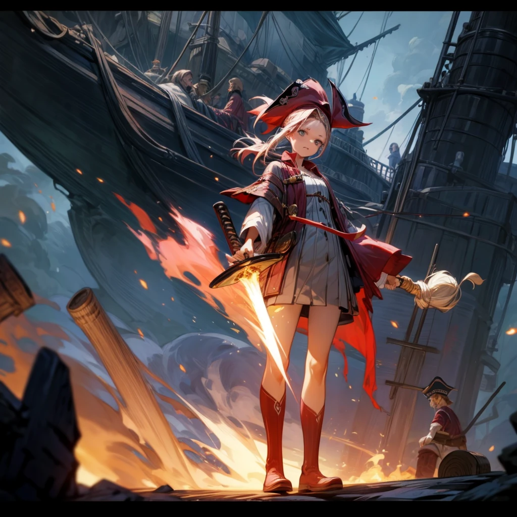 1girl, Full body version, 1character, girl version, black eyes, long Curly haircut, pink colour hair, ancient pirate style clothing, red colour clothing, long boots, Grassroots, background in sea, motion blur, (Hunter x Hunter style), sword Gladius in hang, pirate hat, pirate robe, smoke effect, aura effect, blue lighting, lightning sword, low angle view, fire, with ship pirates, normal gesture