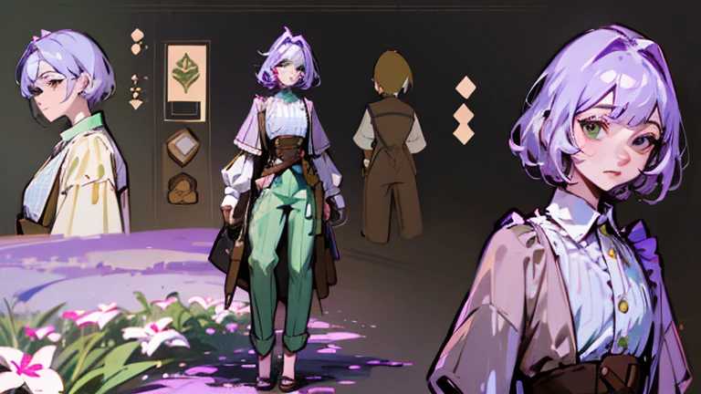 (Masterpiece, best quality), detailed, 1 gardener woman, ((character concept art)), ((character design sheet, reference sheet, same character, front, side, back)), full body, body complete, 1 gardener female, 1 gardener women. Character design sheet full body, Highly detailed, character sheet, character design, Many parts, pale skin, green eyes, short purple hair, male hairstyle, short male hair, lavender flower, lavender flower reference, lavender flower character reference, lavender flower inspired, flat chest, pants, Ecofashion, Ecopunk, Ecology, Earthy clothing, gardening clothing, gardening, garden, Solarpunk, Solarpunk reference, Solarpunk inspired, cottagecore aesthetic, cottagecore, pants, gold details, pastel purple, green and brown color palette for the clothes.