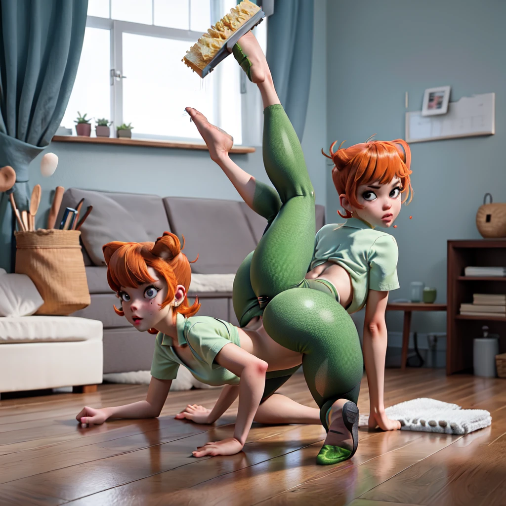 Mom \(Dexter's Laboratory\), showing the ass, dark green leggings, in puppy pose, cleaning the floor with a sponge