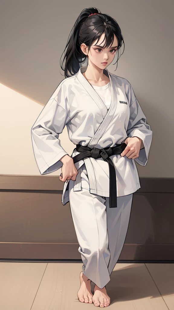 Slender female karateka　Mature Woman　((seiza))　Open chest　Karate Dojo　Black Hair　ponytail　((White T-shirt underneath the karate uniform))　clavicle　Black belt　sit　White pants,Loose, plain white clothing,　Loose white short-sleeved karate uniform　Décolletage　Open chest　karate gi