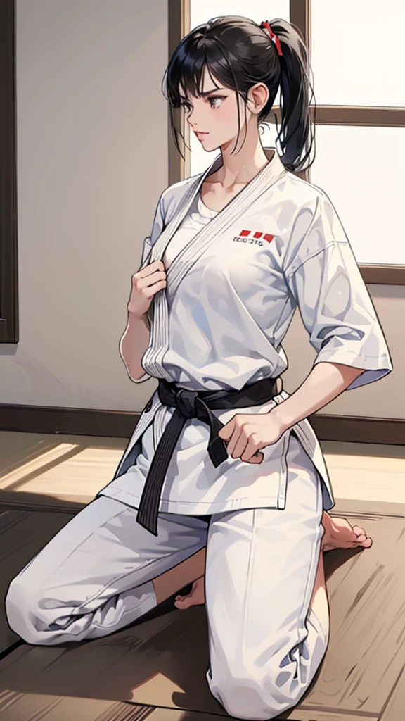 Slender female karateka　Mature Woman　((seiza))　Open chest　Karate Dojo　Black Hair　ponytail　((White T-shirt underneath the karate uniform))　clavicle　Black belt　sit　White pants,Loose, plain white clothing,　Loose white short-sleeved karate uniform　Décolletage　Open chest　karate gi