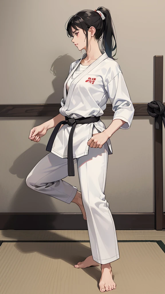 Slender female karateka Mature Woman ((seiza)) Open chest Karate Dojo Black Hair ponytail ((White T-shirt underneath the karate uniform)) clavicle Black belt sit White pants,Loose, plain white clothing, Loose white short-sleeved karate uniform Décolletage Open chest karate gi