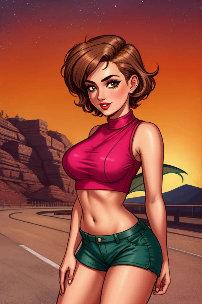 pretty woman, (1girl:1.3),

Peplum Top,
Brown highlights hair,
Pixie cut,
High-waisted shorts,
rubenesque, pinup,
cowboy shot, standing , in a retro-futuristic setting, atompunk style,