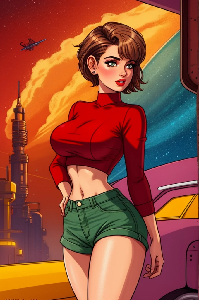pretty woman, (1girl:1.3),
Peplum Top,
Brown highlights hair,
Pixie cut,
High-waisted shorts,
rubenesque, pinup,
cowboy shot, standing , in a retro-futuristic setting, atompunk style,