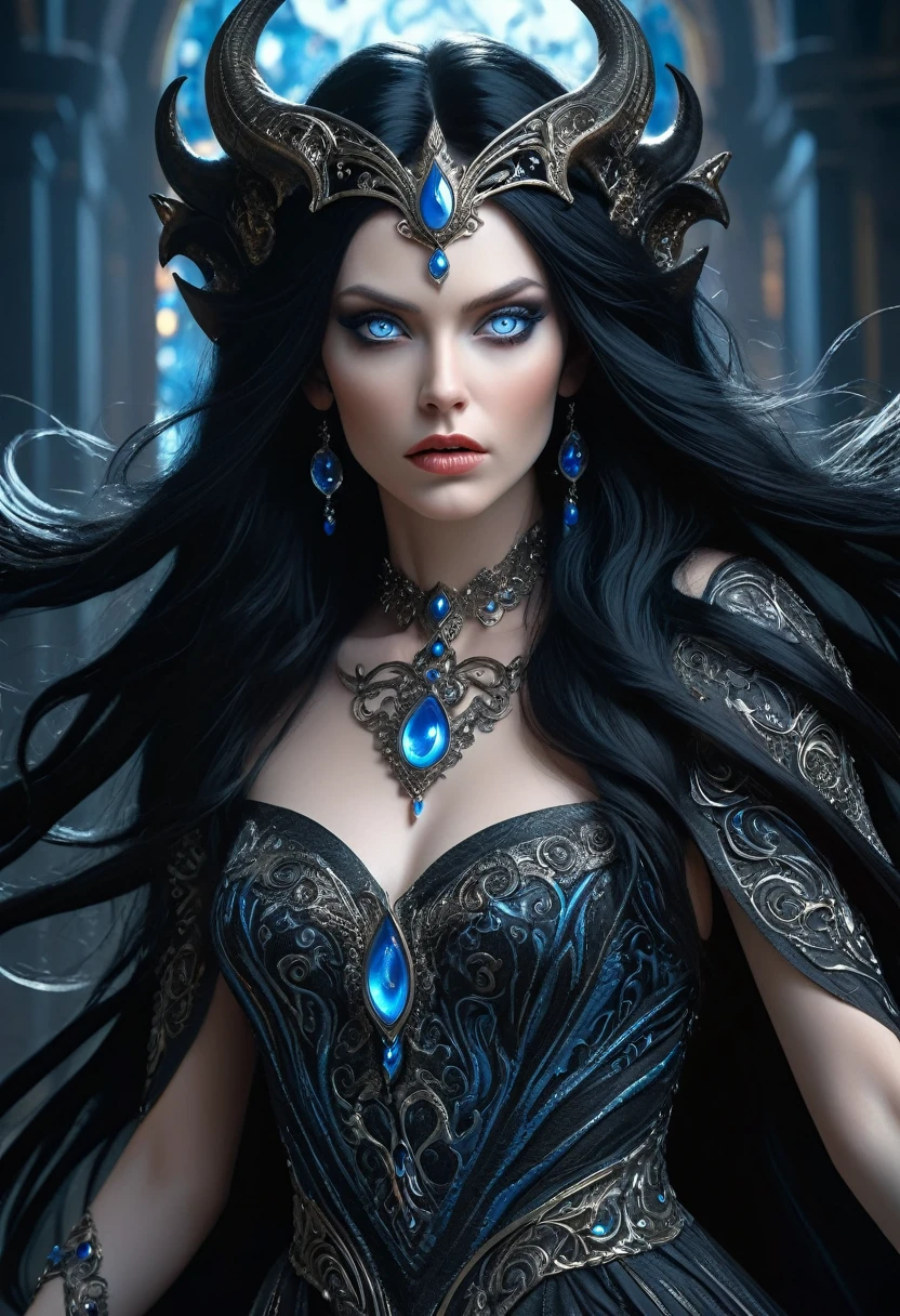 a beautiful demon queen with long black hair and piercing blue eyes, looking up with an intense gaze, highly detailed, masterpiece, best quality, photorealistic, 8k, cinematic lighting, dramatic shadows, fantasy, dark ethereal beauty, intricate ornate details, flowing black dress, porcelain skin, intense expression, mystical, powerful, alluring, Greg Rutkowski