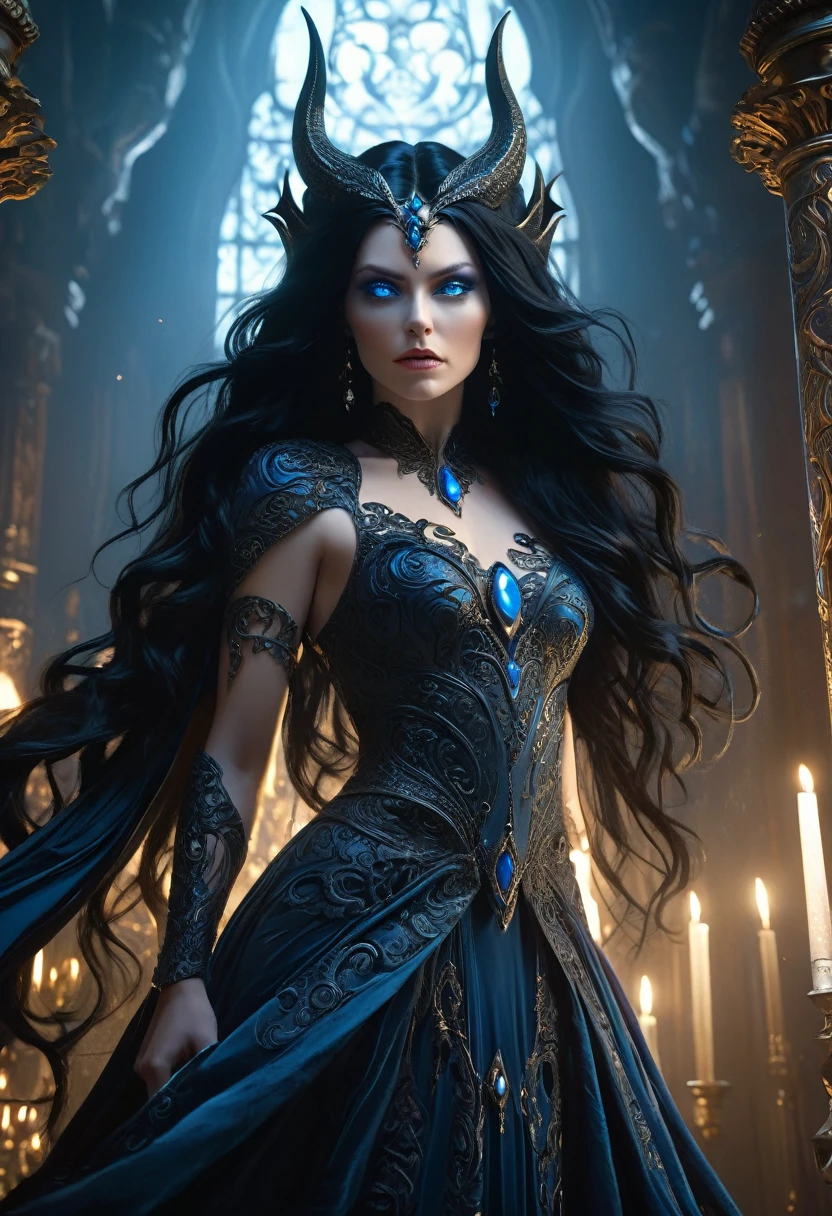 a beautiful demon queen with long black hair and piercing blue eyes, looking up with an intense gaze, highly detailed, masterpiece, best quality, photorealistic, 8k, cinematic lighting, dramatic shadows, fantasy, dark ethereal beauty, intricate ornate details, flowing black dress, porcelain skin, intense expression, mystical, powerful, alluring, Greg Rutkowski