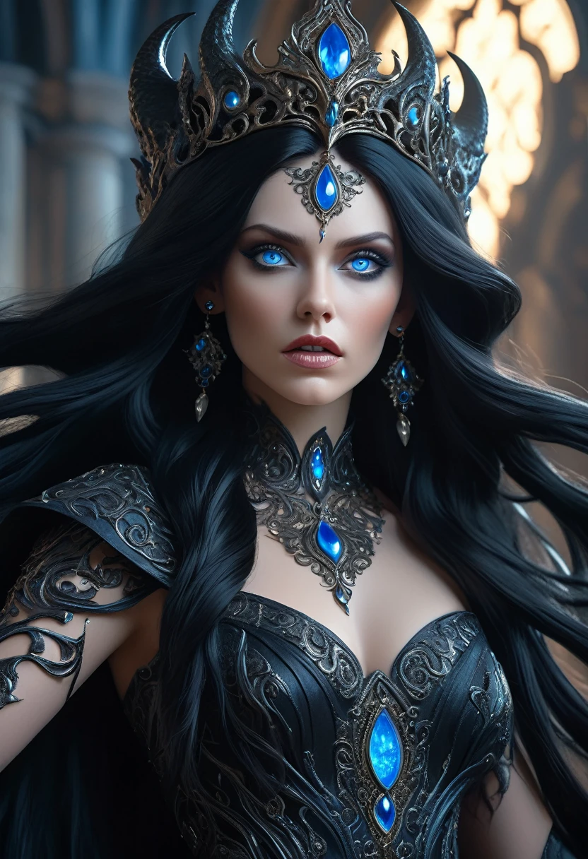 a beautiful demon queen with long black hair and piercing blue eyes, looking up with an intense gaze, highly detailed, masterpiece, best quality, photorealistic, 8k, cinematic lighting, dramatic shadows, fantasy, dark ethereal beauty, intricate ornate details, flowing black dress, porcelain skin, intense expression, mystical, powerful, alluring, Greg Rutkowski