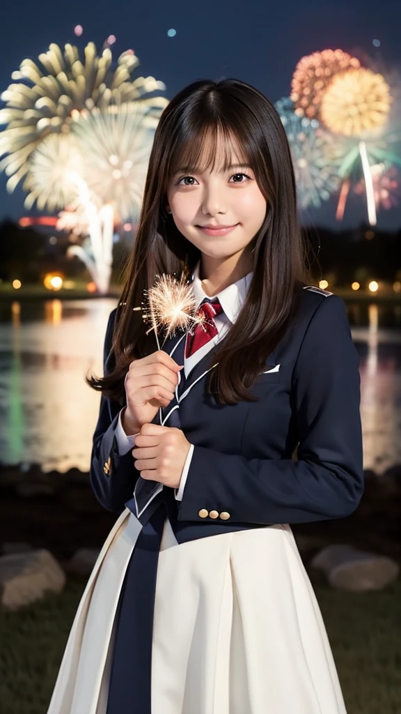 smile、high school girl、uniform、With fireworks in the background、Beautiful night view、