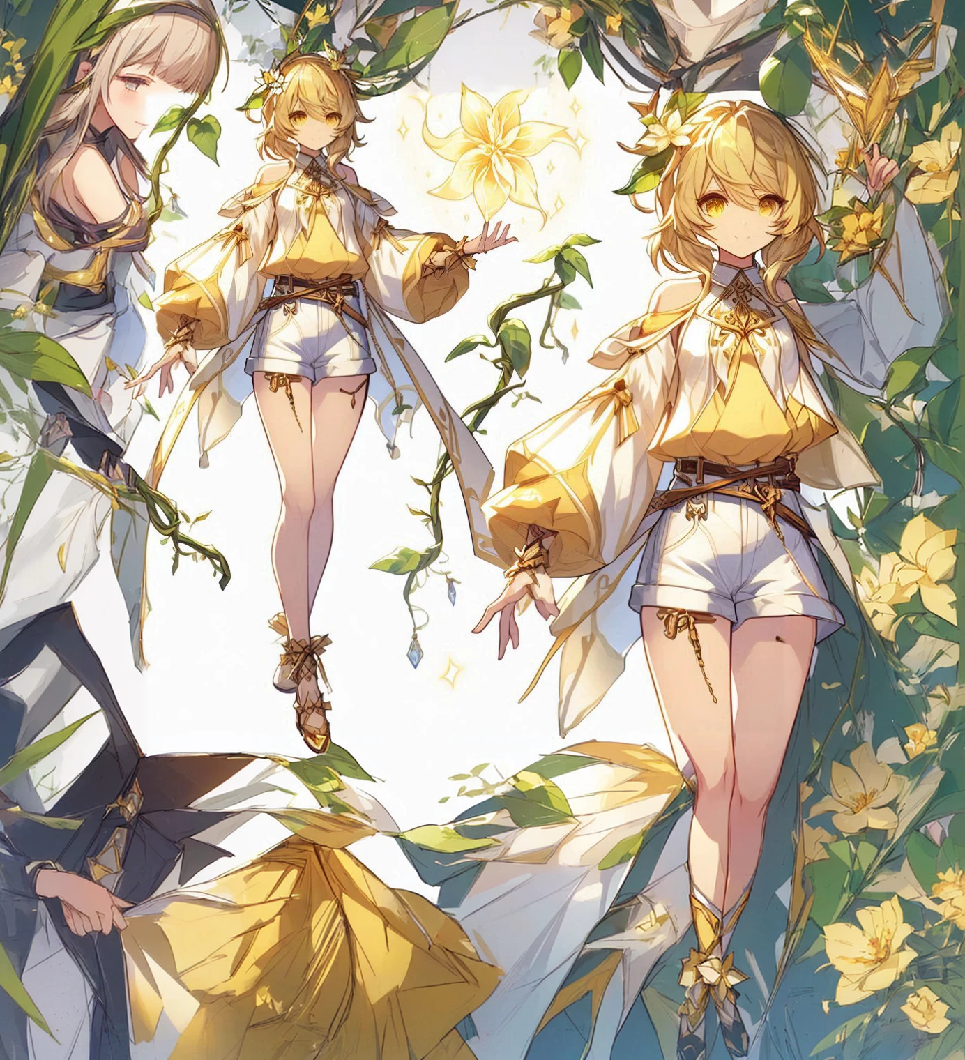 Anime character wearing a yellow outfit and a white shirt, trending on artstation pixiv, magical queen of the summer forest, elf girl wearing an flower suit, beautiful anime character design, Humanoid flora, Drawings of the characters from “The Maple Story”, detailed drawing of an anime character, shadow universe style, Genshin strike character, golden white clothes, anime goddess, Ayaka Genshin Impact
