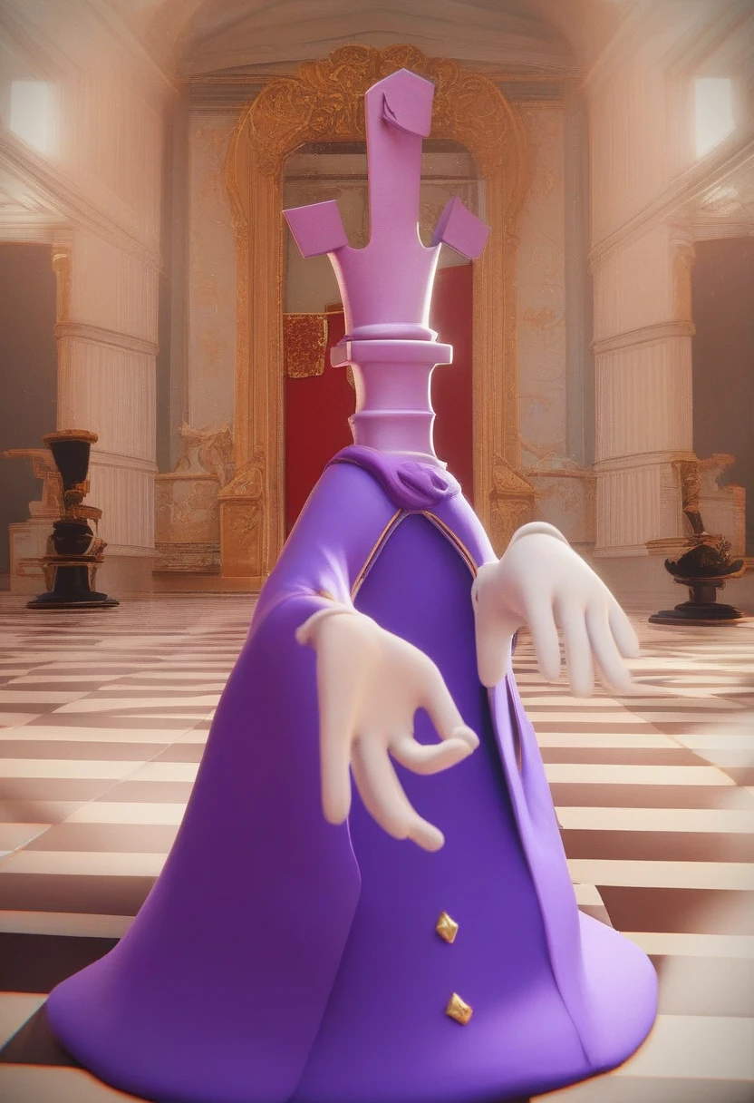 kinger, solo, 1boy looking at viewer, blue eyes, no humans, chess piece, purple kings robe, invisible arms, white gloves, wide eyed, 3d source, alive