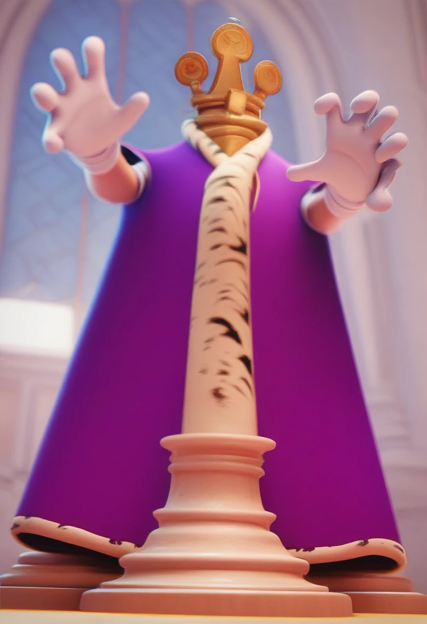 kinger, 1boy, solo, chess piece character, purple royal robe, flying hands in white gloves, huge blue eyes, full body, source, no humans, blue eyes, 3d, source_cartoon, sleeveless, eyes