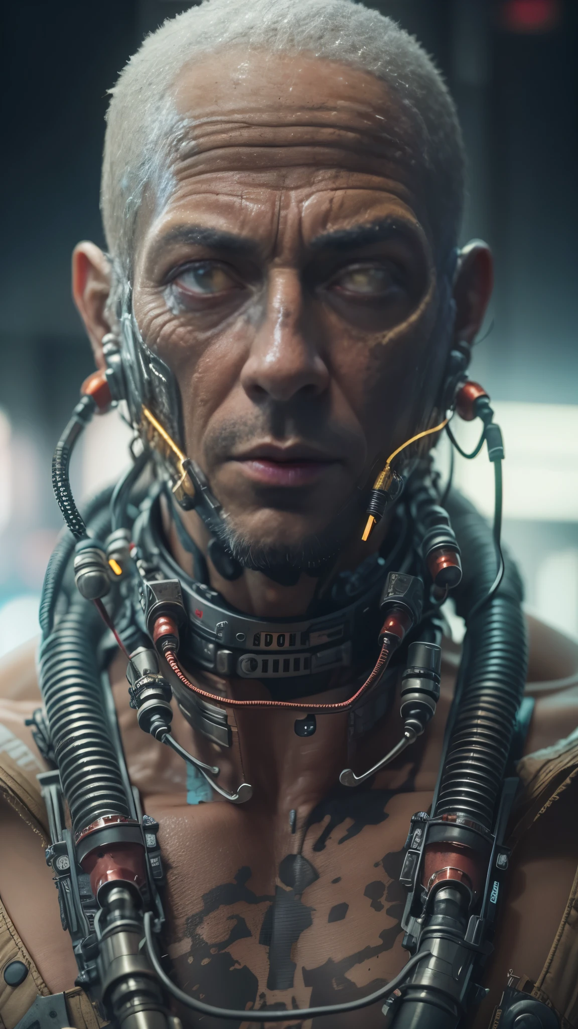 A highly detailed cyberpunk male cyborg with a completely bald head, realistic human features, and intricate mechanical components and wires integrated seamlessly into the head. The cyborg has a mechanical mask covering the mouth and jaw area, and a serious expression. The setting is a dystopian, industrial environment with a soft background blur.
