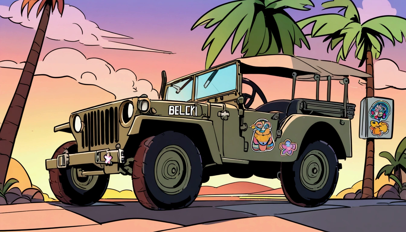 ((Sticker design)), Ford GPW, Sunset background, Palm tree, Layers with 5 colors, Corner Street, Belek's Drums, Plethean,
