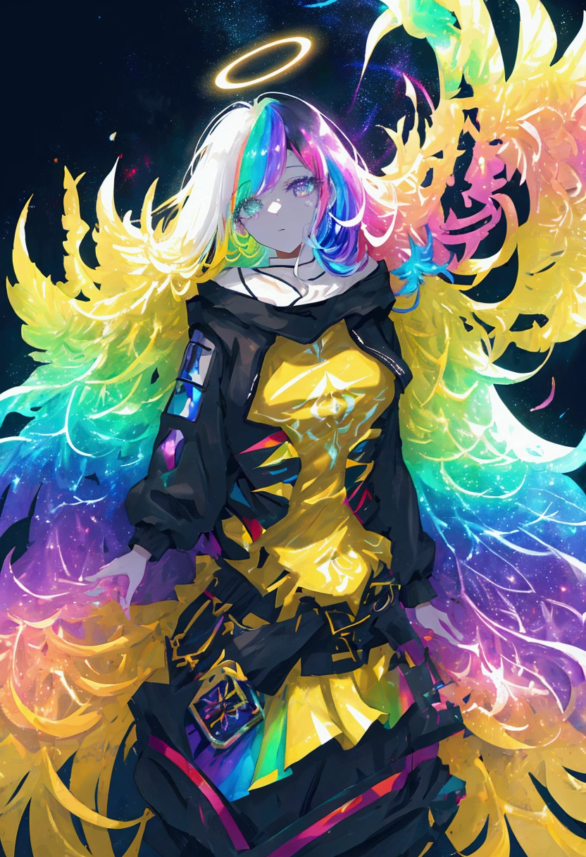 rainbow Galaxy goddess, galaxy aesthetic, black background, overwhelmingly bright, rainbow halo, glowing, plasma body