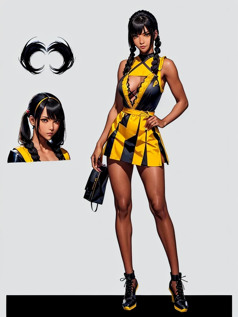 ((best quality)), ((4k)), ((highres)), ((masterpiece:1.2)). ((detailed)), ((ultra realistic)), ((intricate details)), ((full body picture)), ((character design sheet)), ((blank background)), ((standing in a blank background)), full body shot of a beautiful black female, ebony beauty, woman, 18 years old girl, dark brown skin, red lips, about 5'5 ft. tall, red lips, smirk on her face, ((smirking)), long curly black hair, ((long curly hair)), long hair, high pigtails, (((high pigtails)), dressed in a yellow sleeveless babydoll dress, ((EMPHASIS ON HER YELLOW SLEEVELESS BABYDOLL DRESS)), black leather belt on her waist, bare legs, yellow school girl HIGH SOCKS AND school girl BLACK SHOES, fighting game character design, tekken character design, the king of fighters character concept art, character concept art, full body, 18 years old female fighter, girly girl, cute girl, girly fighter character concept art
