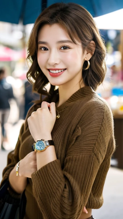 Female 20 years old，sunlight，smile，Applying lipstick，Light brown curly short hair，Left ponytail，Brest Market Shopping Giants，Wear the watch on your right hand，Half Moon Earrings，