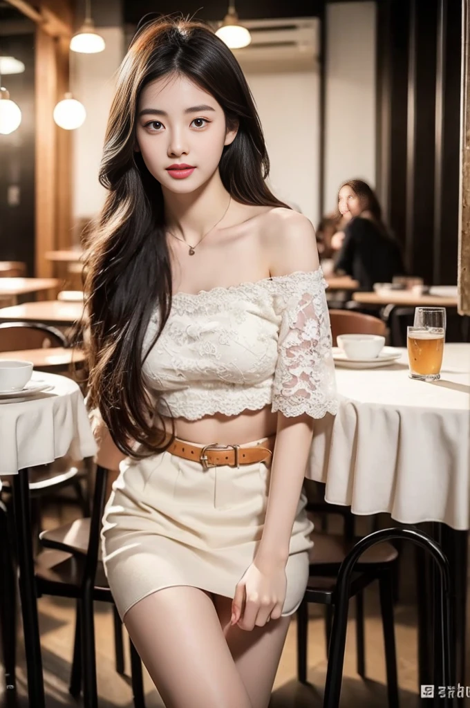Front Angle, (8K, best quality, masterpiece:1.2), (Practical, photo-Practical:1.37), Extremely detailed, 1 girl, Looking at the audience, Beautiful and detailed sky, Detailed café street, sit, full_Body, Small head, Exquisite necklace, beautiful legs:1.2, Long legs:1.2, Slender legs, High heel:1.3, White socks:1.4, ??????????????, High waist, Willow Waist, Off-shoulder, belt, Short bottoms, Beautiful and delicate eyes, daytime, Warm colors, White lace, (Long hair:1.4), 银色中Long hair, White skin, light, Street Lights, (Tea table:1), (handbag:1), ulzzang-6500-v1.1:0.66