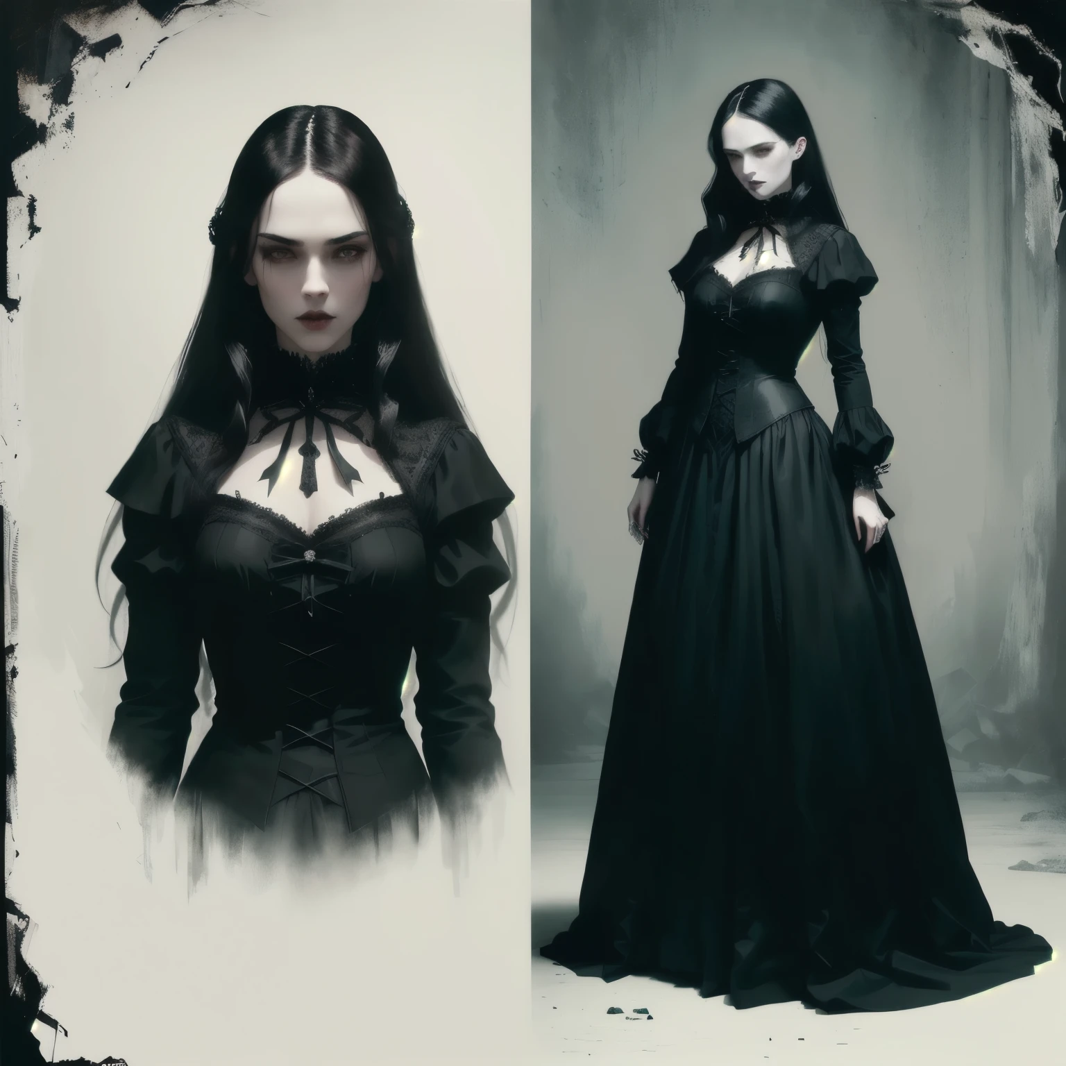 a gothic horror figure, long dark hair, piercing eyes, pale skin, sharp facial features, dark lips, high collar, dramatic pose, moody lighting, dramatic shadows, gloomy atmosphere, dark textures, aged vintage paper, (best quality,8k,highres,masterpiece:1.2),ultra-detailed,(realistic,photorealistic,photo-realistic:1.37),gothic,horror,conceptart,cinematic