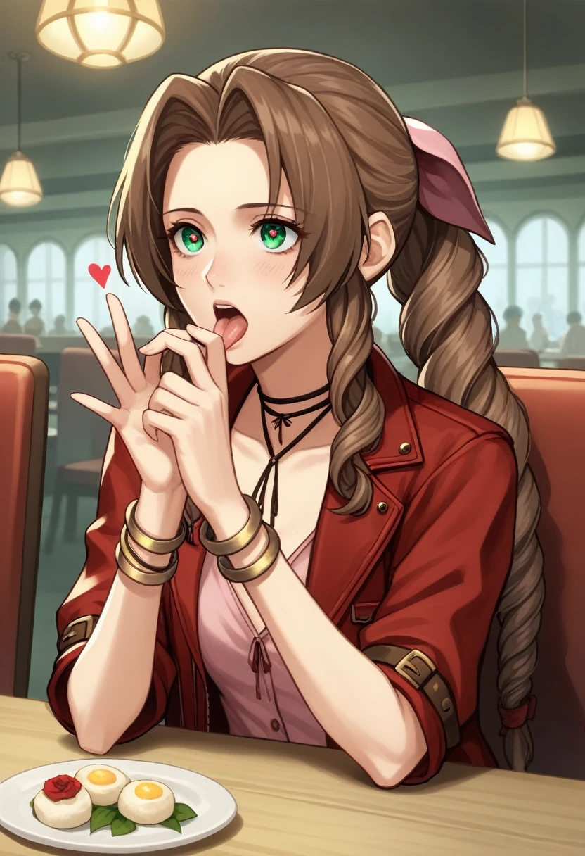 Aerith is sitting with her legs wide open on a cafe chair studying.、White of the eyes、Front view、Happy expression、(Pupil constriction 10)、((Mouth wide open))、(Laughing with tongue hanging out)、(Ahegao 10)、(heart)、Climax、Pee oozing from panties