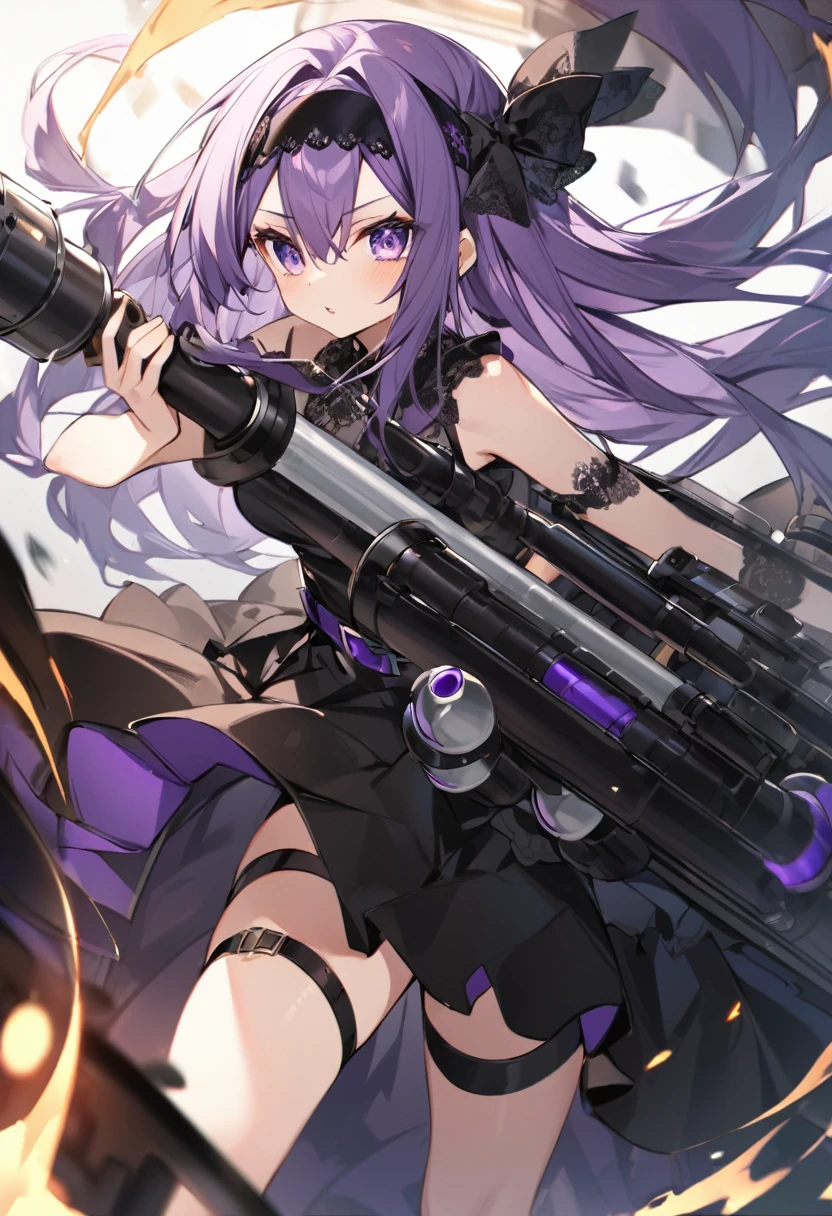 Keito。purple eye。purple Hair。gatling gun。black headband。long hair。wearing black dress。princess。ammo belt。