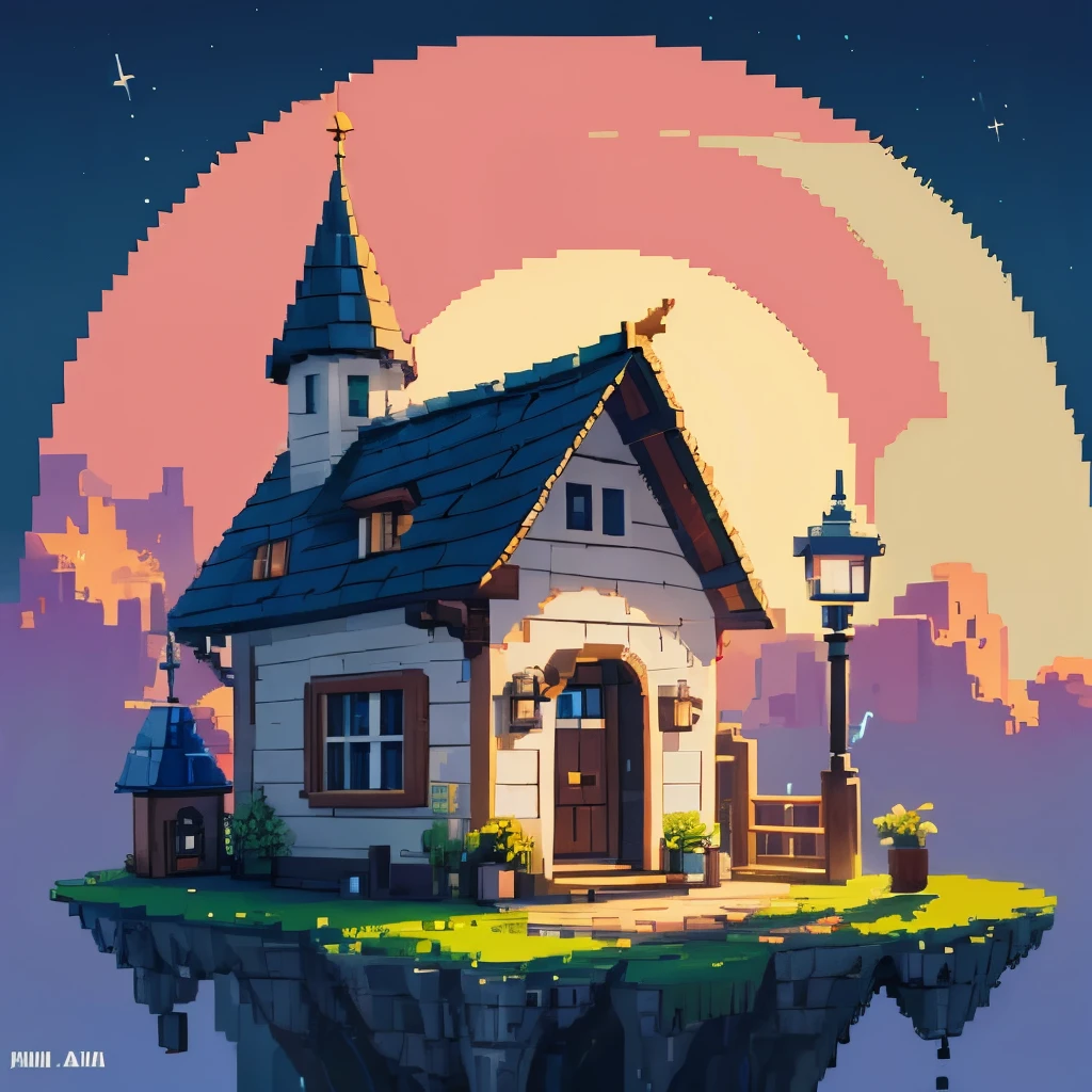 pixel art, Sky Island, cute, playset, fancy, Small House, moonligh. Small wizard with short dark hair cast magic