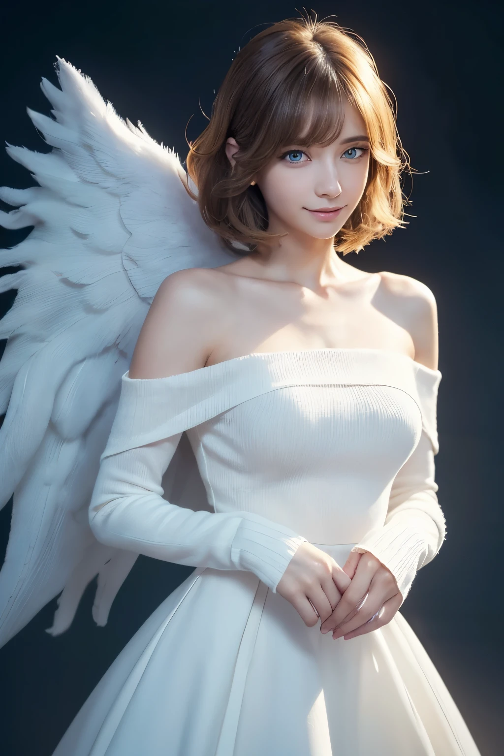 ((Angel, Big white wings:1.3, Hello:1.3)), (((whole body))), ((flower))) ((flight)), archAngel Uriel, ((Wavy hair, Outward curled hair)), evening, sunset, ((Written by Rubio, Bobcut:1.3)), old, Puberty, Nipples hanging in the air, I can see your nipples, (Looking at the audience), Oversized clothing, Long puffy sleeves, clavicle, ((Off-the-shoulder sweater dresses:1.3, Quite thick straps)), (((Sleeves longer than the wrist:1.3))), ((White sweater)), clavicle, Nod:1.3, (((blue eyes))), ((Smile)), (((Animation Style))), (Highest quality, 4K, 8K, High resolution, masterpiece:1.2, Super detailed, Super detailed eyes, High resolution, 超High resolution, Studio Lighting, Ultrafine particle coating, Sharp focus, Physically Based Rendering, Very detailed explanation, Professional, Vibrant colors, Bokeh), ((Highest quality, Highest quality de imagen, ultra High resolution, ultra High resolution, alone, Strong reflection in the eyes)), Write Limit Depth, Soft natural light, Charm, Beautiful Face, cleaning, How to pretend, Medium Chest, Beautiful Face, Perfect Fingers, Perfect hands, Perfect body, Perfect Face, Shine a light into your eyes, Perfect Anatomy