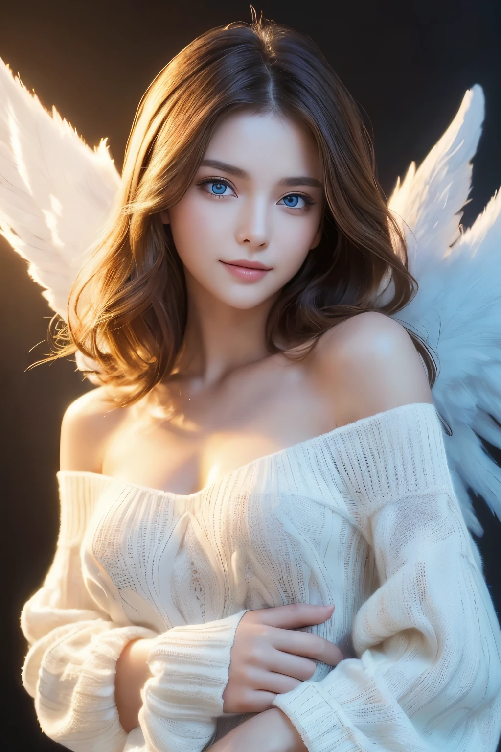 ((Angel, Big white wings:1.3, Hello:1.3)), (((whole body))), ((flower))) ((flight)), archAngel Uriel, ((Wavy hair, Outward curled hair)), evening, sunset, ((Written by Rubio, Bobcut:1.3)), old, Puberty, Nipples hanging in the air, I can see your nipples, (Looking at the audience), Oversized clothing, Long puffy sleeves, clavicle, ((Off-the-shoulder sweater dresses:1.3, Quite thick straps)), (((Sleeves longer than the wrist:1.3))), ((White sweater)), clavicle, Nod:1.3, (((blue eyes))), ((Smile)), (((Animation Style))), (Highest quality, 4K, 8K, High resolution, masterpiece:1.2, Super detailed, Super detailed eyes, High resolution, 超High resolution, Studio Lighting, Ultrafine particle coating, Sharp focus, Physically Based Rendering, Very detailed explanation, Professional, Vibrant colors, Bokeh), ((Highest quality, Highest quality de imagen, ultra High resolution, ultra High resolution, alone, Strong reflection in the eyes)), Write Limit Depth, Soft natural light, Charm, Beautiful Face, cleaning, How to pretend, Medium Chest, Beautiful Face, Perfect Fingers, Perfect hands, Perfect body, Perfect Face, Shine a light into your eyes, Perfect ???????