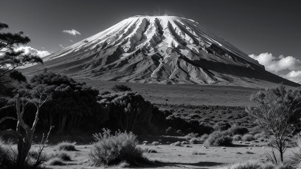 Mount Kilimanjaro and vegetation in black and white