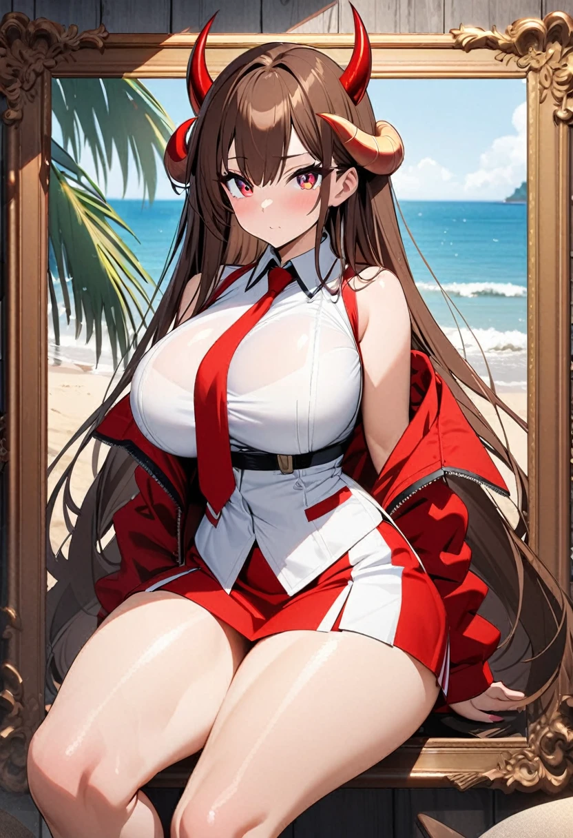 an anime girl posing in in red and white outfit on the beach for a photo shoot, the person has horns and eyes, 1girl,big breasts, breasts, thick, thick thighs, solo, long hair, sitting, horns, skirt, red eyes, large breasts, off shoulder, shirt, looking at viewer, red skirt, white shirt, jacket, brown hair, picture frame, necktie, bangs, closed mouth, sleeveless, indoors, very long hair