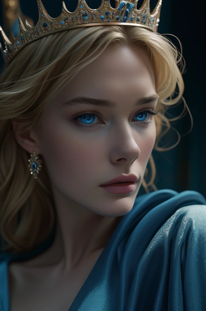 16 year old Lena Headey, ultra detailed face, ultra detailed blue eyes, long blonde hair, (queen dress), queen crown, (((masterpiece)))