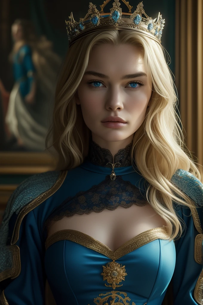 16 year old Lena Headey, ultra detailed face, ultra detailed blue eyes, long blonde hair, (queen dress), queen crown, (((masterpiece)))